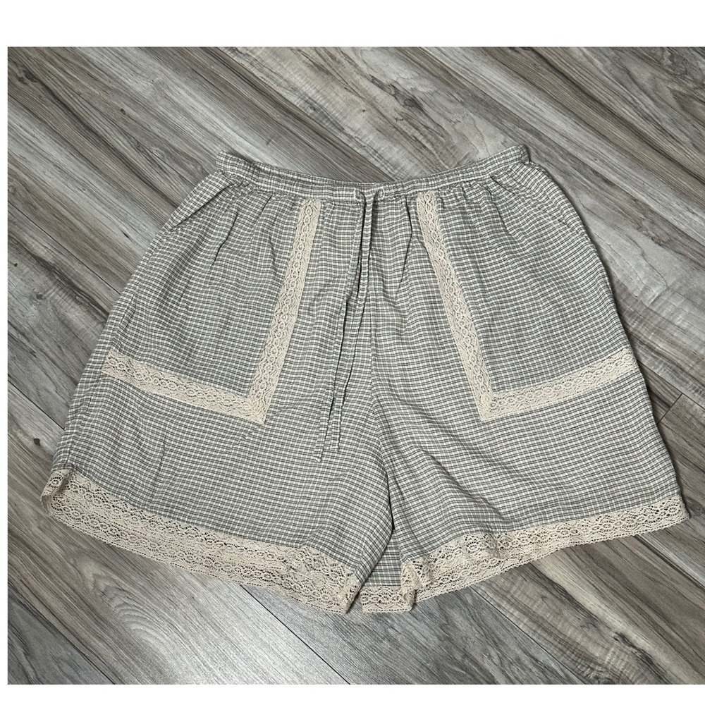 Aerie Womens Gauzy Gingham Lace Trim Boxer Shorts Beige Cotton Drawstring Large